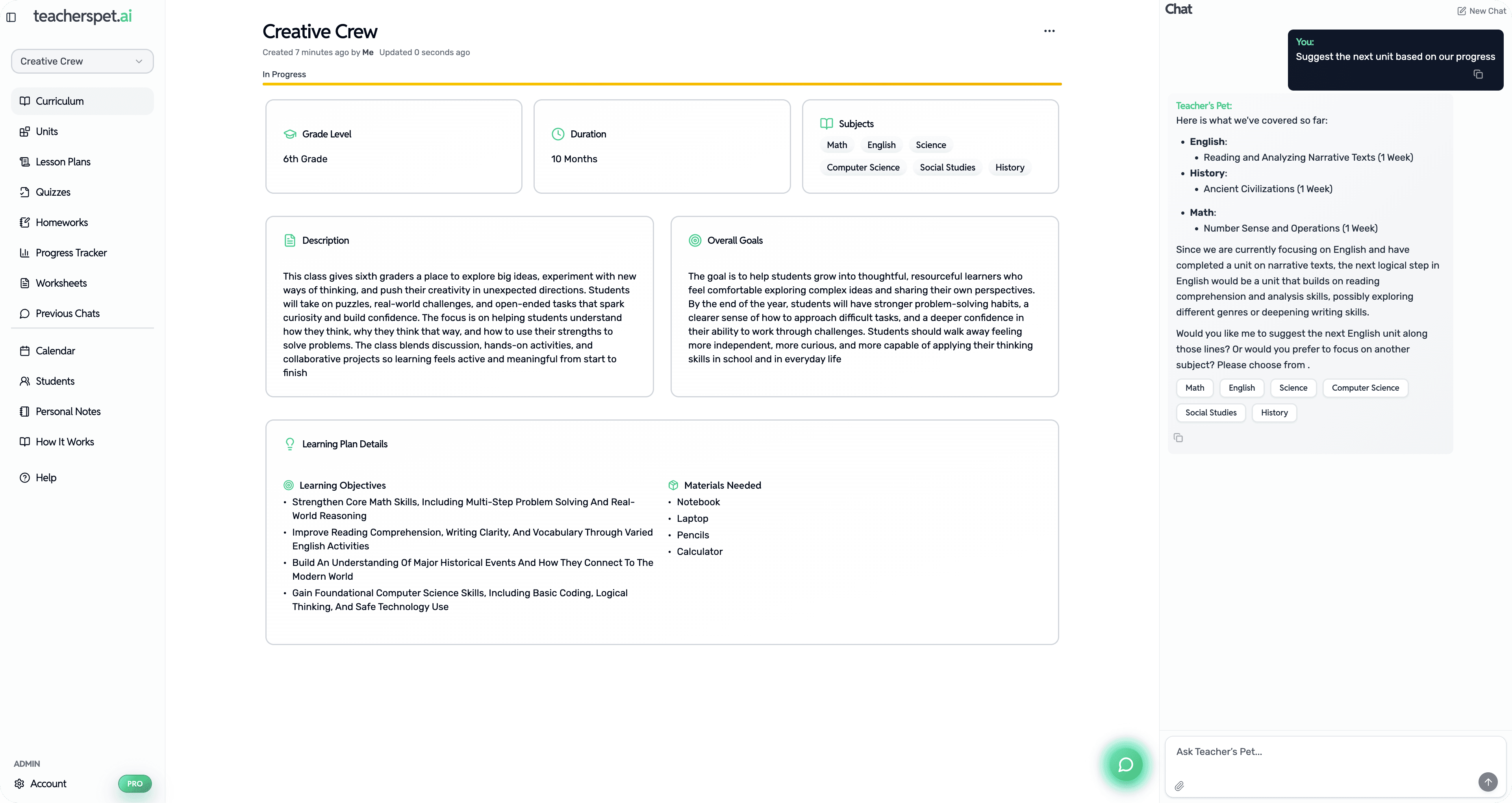 Teacher’s Pet UI showing a cross-subject unit with objectives, materials, and chat.